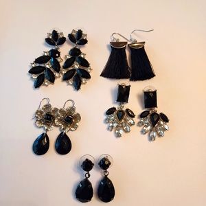 SET OF FIVE VTN STYLE EARRINGS, BLACK TASSEL AND BLACK ONYX WITH CRYSTAL